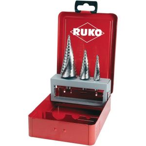 FORET - MECHE RUKO 101026E Jeu de forets étagés 3 pièces 4 - 12 mm, 4 - 20 mm, 4 - 30 mm HSS tige à 3 surfaces 1 set