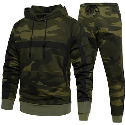 Ensemble Deux Pieces Homme Camouflage Jogging Survetement Zipper Veste a Capuche Manches Longue Pantalon GYM Tenue de Sport Vert