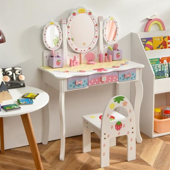 Coiffeuse Enfant Fille Avec Miroir Éclairé - Bureau Rangement + Chaise - Rose Et Blanc - Dès 3 Ans