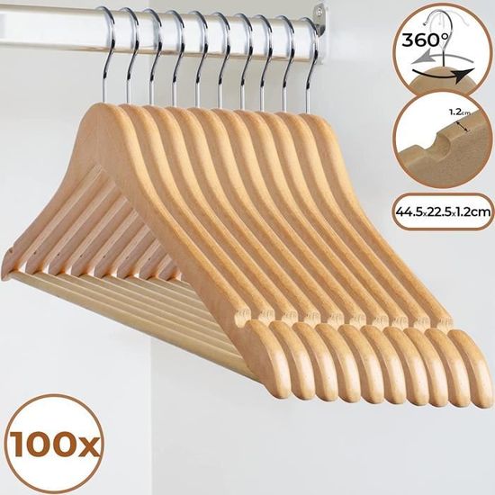 Lot de 100 cintres noirs robustes, crochets pivotants 360