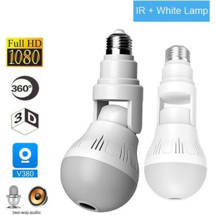 Ampoule Caméra HD , Camera de Surveillance WiFi 1080P, sans fil 360 degrés, Cachée IP Vision Nocturne Détection de Mouvement