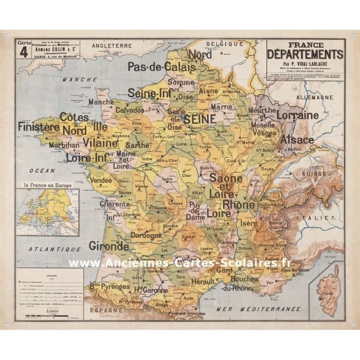 CARTE MURALE VIDAL LABLACHE N° 4 - FRANCE DÉPARTEMENTS (REPRODUCTION ANCIENNE CARTE SCOLAIRE)