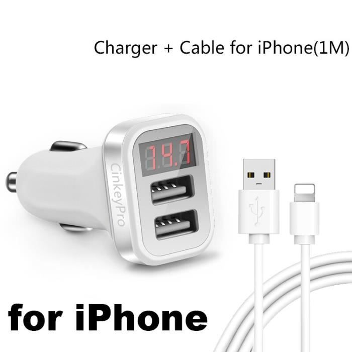 chargeur de voiture à 2 ports USB, écran LED, adaptateur 5V-2.1A pour téléphone portable, compatible av Lightning Silver -HJ5442