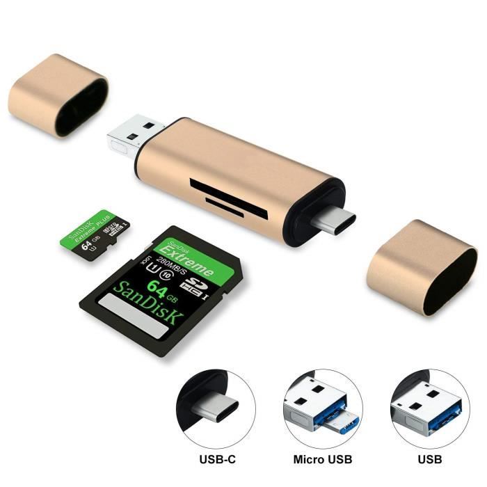 Juce® Lecteur de Carte 3 en 1 TF - Micro SD Lecteur de Carte Mémoire Type-C- USB-A - Micro USB Adaptateur - Or