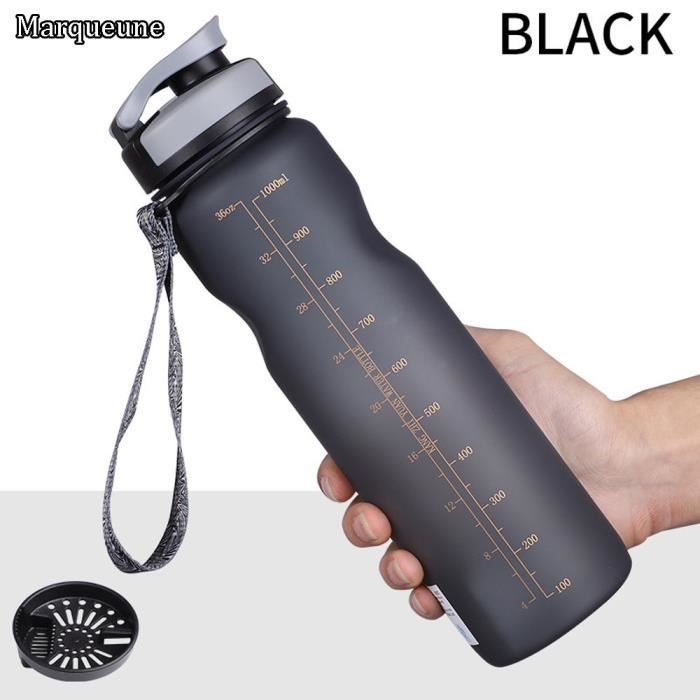 Bouteille d'eau Sport 1L MARQUEUNE,sans BPA,Écologique Gourde Eau pour Gym,Yoga,Course à Pied, Activités de Plein air,Voyage,Noir