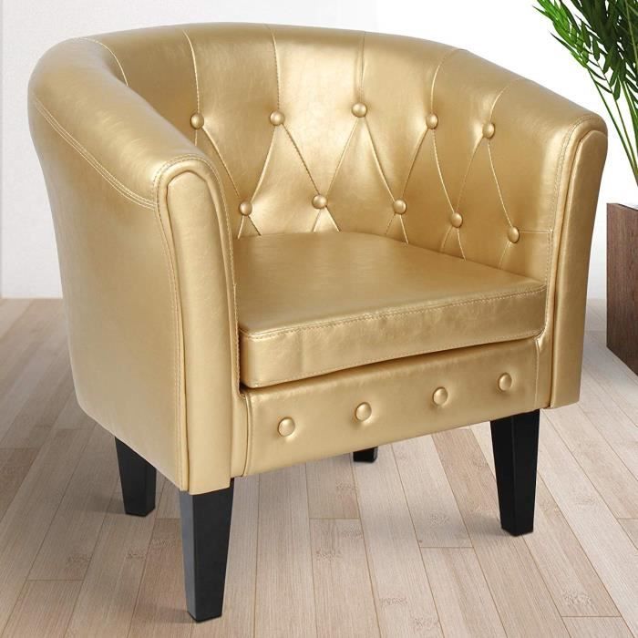 MIADOMODO® Fauteuil Chesterfield - Simili Cuir, Bois, Éléments Décoratifs, 58x71x70cm, Doré - Chaise, Cabriolet, Meuble de Salon