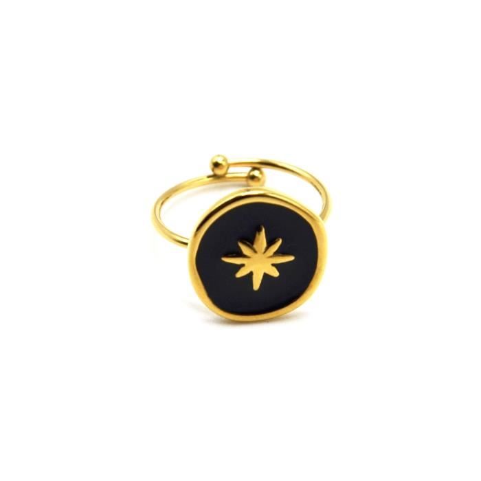 BG1611 - Bague Fine avec Médaille Email Noir et Etoile Polaire Acier Doré