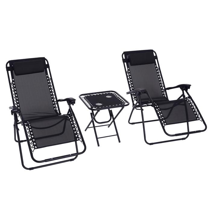 Lot de 2 chaises longues pliables zéro de gravité dossier inclinable table d'appoint acier noir