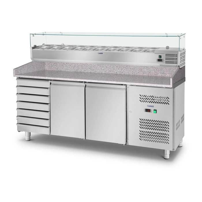 Royal Catering Table réfrigérée pour pizza Saladette Comptoir Surfaces de travail en granit 2 portes 702L R600a RCKT-202-80-9