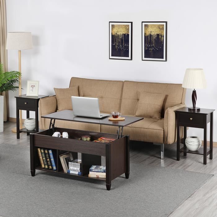 Yaheetech Table Basse Plateau Relevable Table de Salon Rectangulaire avec 3 Compartiments Rangement Ouvert MDF Design Moderne