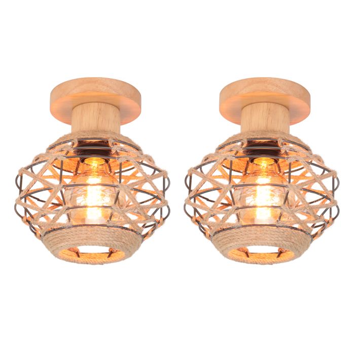 SNOGOLD 2PCS Plafonnier Industriel Vintage E27 Lampe de Plafonde en Bois et Corde de Chanvre Ø20cm pour Salon Couloir Restaurant