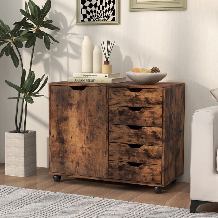 GOPLUS Caisson de Bureau à roulettes avec 5 Tiroirs 78x39x65CMArmoire de Rangement pour DossiersDocumentsPapiers Marron