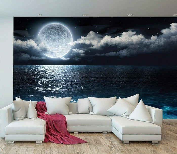 Papier Peint Panoramique Lune Mural 350x256cm Lune 3D Papier Peint Soie ...