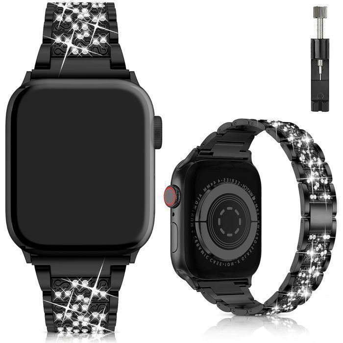 Stravo Bracelet montre bijou métal Apple Watch 44/45/46/49mm Series 4-12 SE 1-3 Ultra 2-4 – Strass – Noir