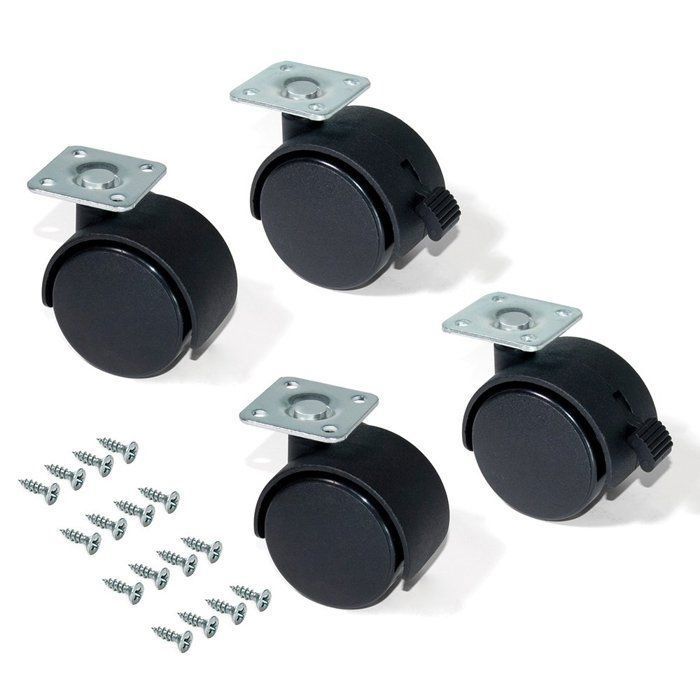 Lot de 4 roulettes pivotantes Ø40 mm noir – 2 avec frein / 2 sans frein plaque de fixation