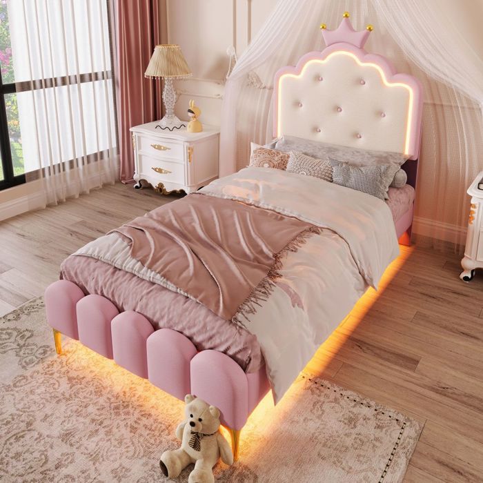 Lit Simple Rembourré 90x200 cm avec sommier à lattes et éclairage ambiance - Télécommande - Rembourré PU rose - Sans Matelas