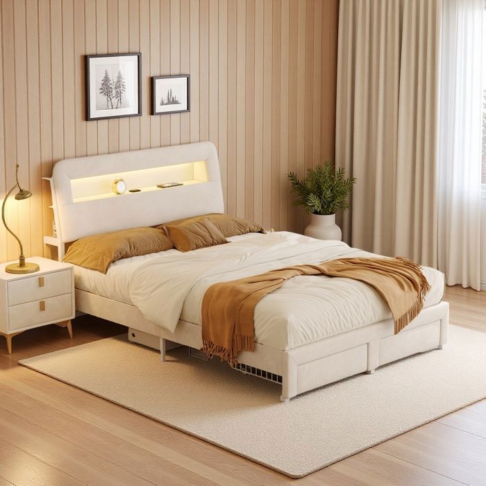 Lit adulte - 140x200 cm - Coffre velours beige - LED RGB 9 couleurs - Ports USB/Type-C