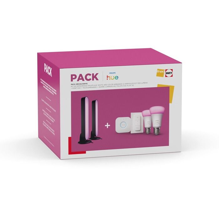 Ampoules connectées Philips Hue Pack Découverte Kit de démarrage Philips Hue Ambiance blanc et couleur + Pont + Télécommande + 2