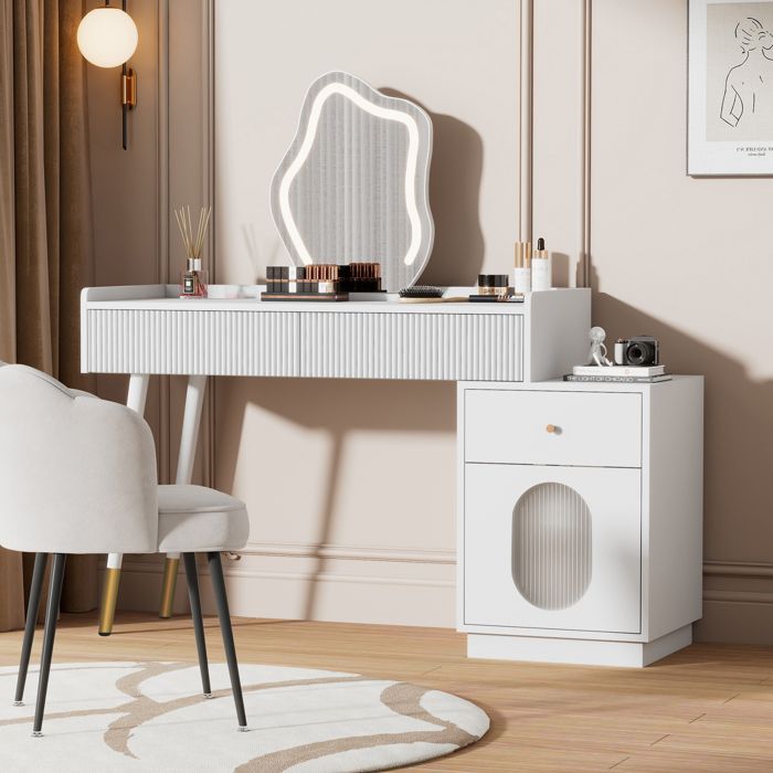Coiffeuse - TRUXEN8 - Miroir LED - 3 Tiroirs - Blanc - Panneau de particules