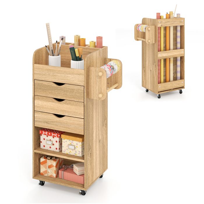 Meuble De Rangement à Roulettes COSTWAY - 3 Tiroirs, 3 étagères, 3 Fentes - Idéal Pour Cuisine, Bureau, Salon