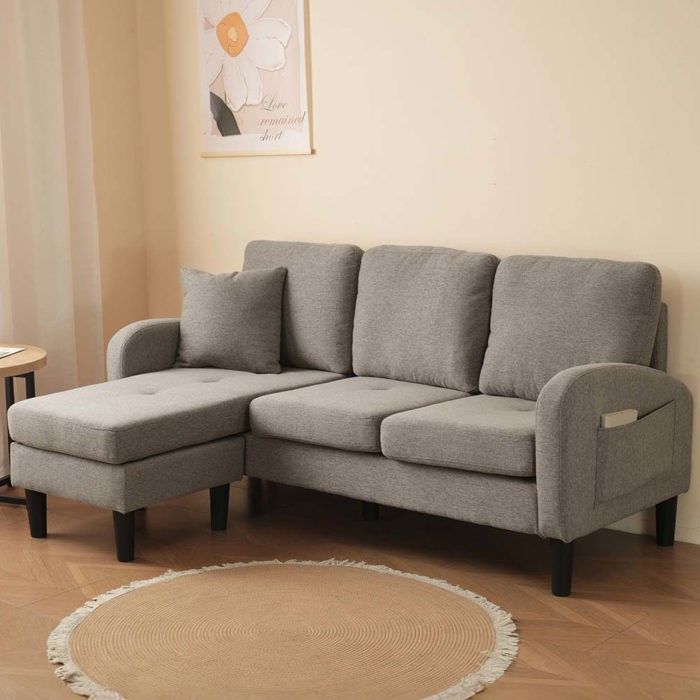 Canapé modulable - 3 places - Velours côtelé - Chaise longue réversible - 166x118x77 cm