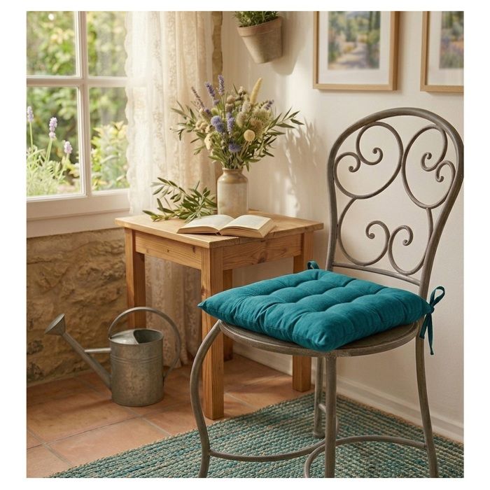 Galette de chaise piquee 38 x 38 cm Panama bleu canard Galette de chaise piquee 38 x 38 cm Panama bleu canard