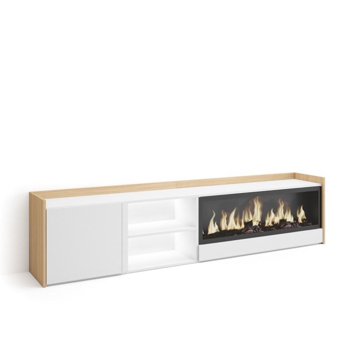 Meuble TV avec Cheminée électrique XXL à droite 212x35x50cm LED Blanc et Chêne Soft RF4434 Meuble TV avec Cheminée électrique XXL à droite 212x35x50cm LED Blanc et Chêne Soft RF4434