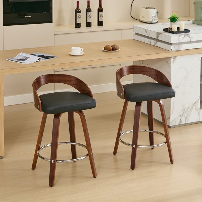Lot de 2 Tabourets de Bar Pivotants 360° en cuir PU pieds en bois massif pour salon - Noir