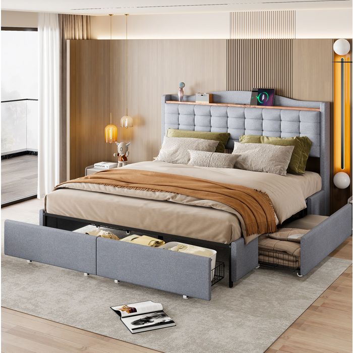 Lit double gris 160×200 cm USB et tablette intégrés 4 tiroirs sommier inclus structure solide