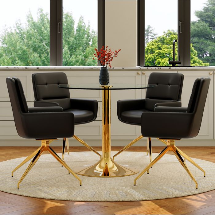 Table ronde noire et dorée 85 x 85 x 76 cm en verre trempé avec 4 chaises pivotantes 360° en PU