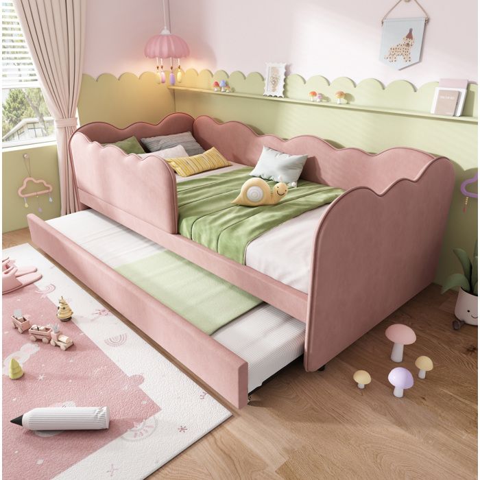 HOMVRA Lit enfant 90x190 cm - Lit banquette - Lit simple avec 1 lit gigogne et sommier à lattes - Velours rose (sans matelas)