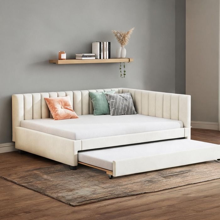 Sofa-lit beige-toned en velours 2 places 140x200 cm cadre en bois et métal design mi-siècle