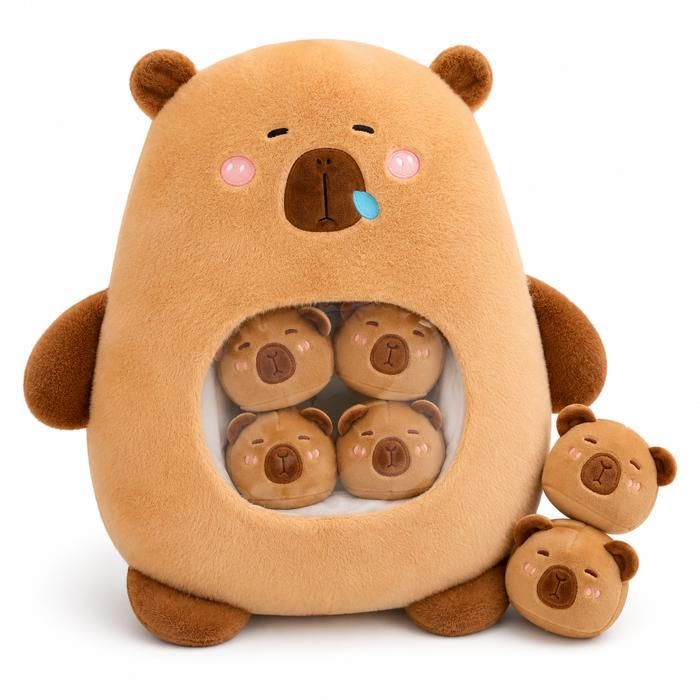 Peluche Capybara GAUTHIER FRANCE 50 Cm Avec 6 Mini Bébés Coussin Doux Sac Peluche Cadeau Enfant Marron