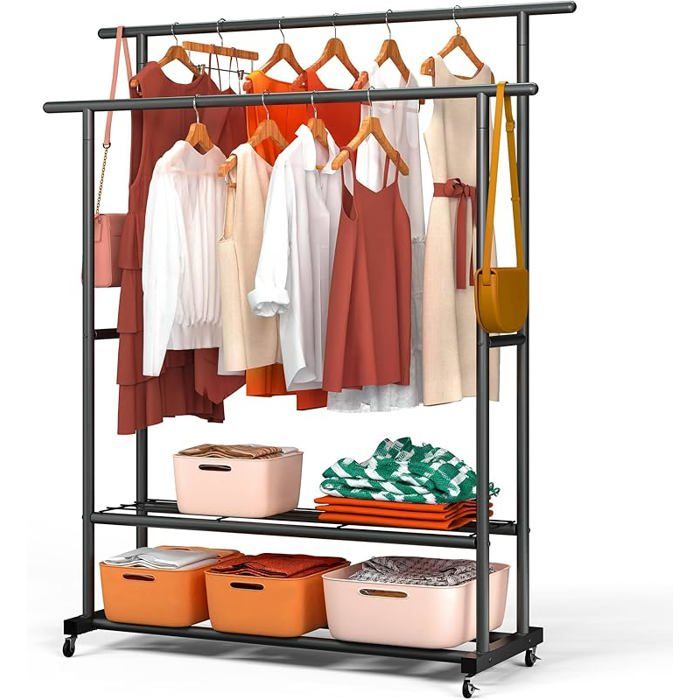 Métal Double Tringle Portant à Vêtements avec Roulettes 2 Étagères Noir PENDERIE SOUPLE