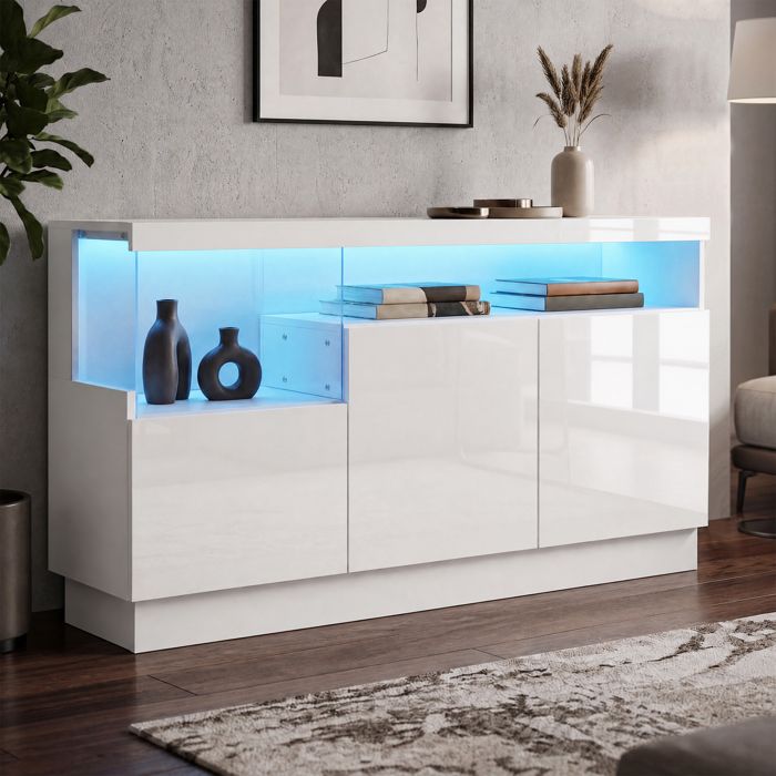 Buffet moderne 140 x 36 x 80 cm meuble de salon blanc avec éclairage LED compartiments de rangement en acrylique