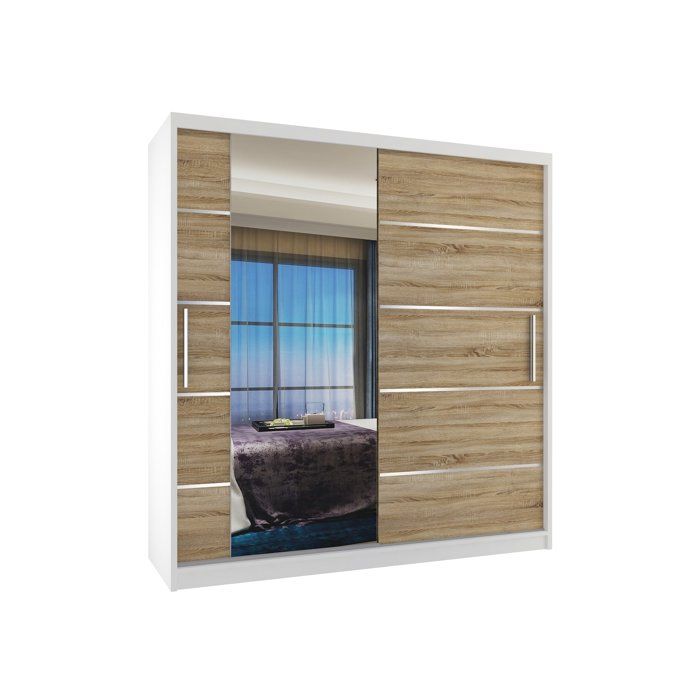 BELINI Grande Armoire 2 Portes Coulissantes VERONA MBP 158 cm - Blanc / Chêne Sonoma - Miroir Intégré & 2 Tiroirs - Chambre Adulte