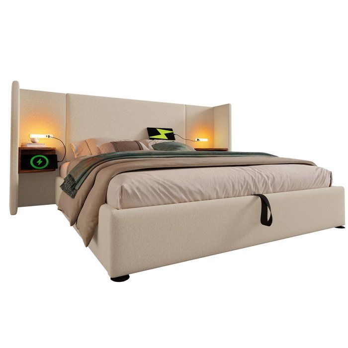 WOVREO Lit coffre 160 x 200 cm avec lampe de lecture USB et Type-C tête de lit avec rangements beige