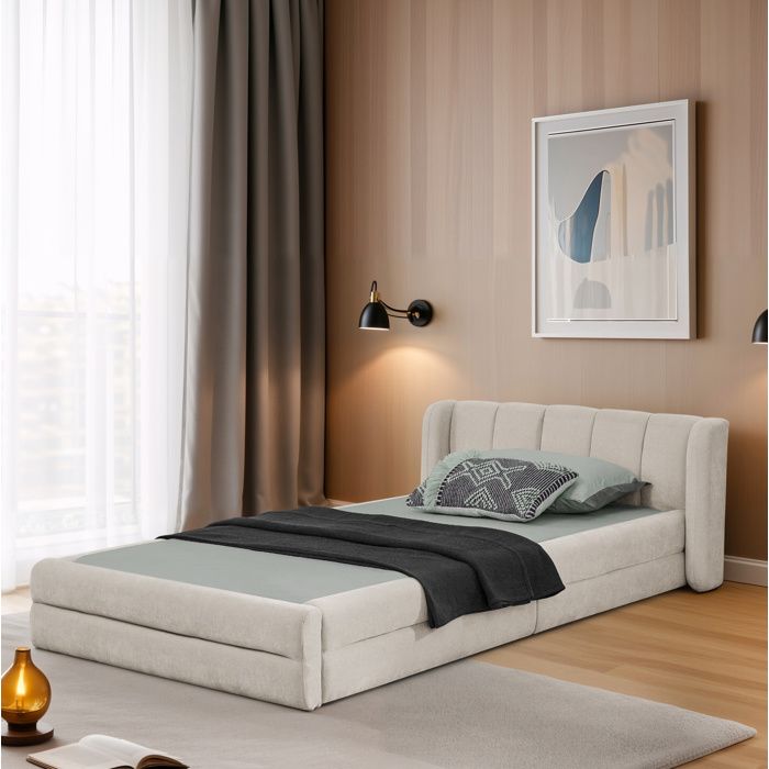 Cadre de lit simple 90 x 200 cm en chenille beige tête de lit rembourrée sommier à lattes sans matelas