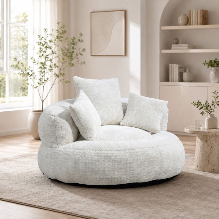 Pouf Poire 2 Places 108×108×52 cm avec 3 Coussins — Canapé Lazy pour Salon et Chambre Chenille Beige