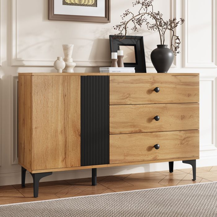 Buffet Bahut 120x35x76 cm LEMLIT Meuble de Rangement Effet Bois et Noir 1 Porte 3 Tiroirs Pieds en Métal Salon - Noir Bois