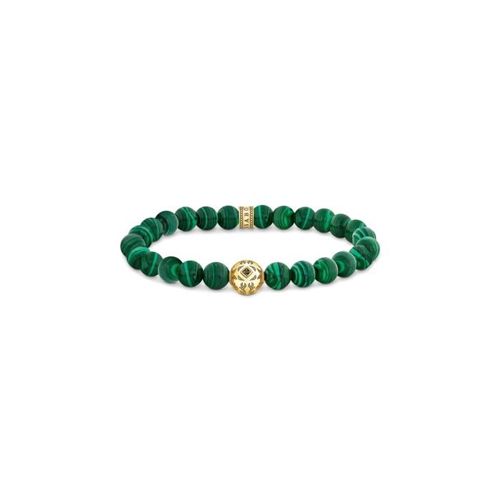 Bracelet Homme Thomas Sabo Perles Vertes Imitation Malachite Argent 925 Plaqué Or 18 Carats 16 cm