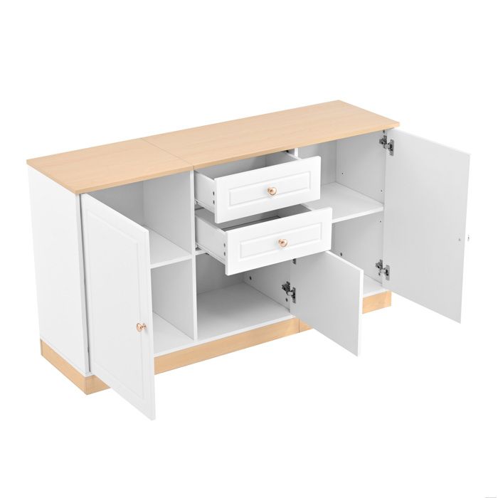 Buffet bas - 3 portes 2 tiroirs - blanc et decor bois - 1355 x 39 x 76 cm