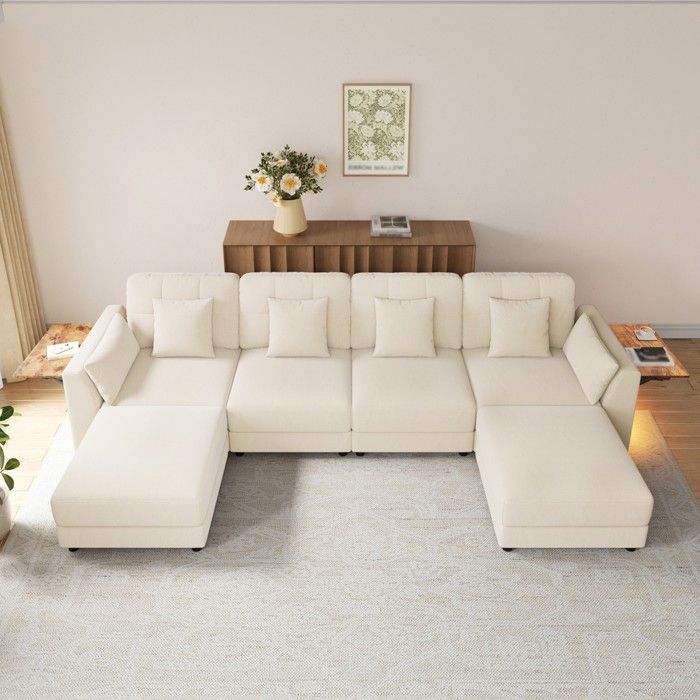 Canapé modulable beige 292 x 135 x 82 cm 2 poufs mobiles LED table rabattable 6 coussins chenille