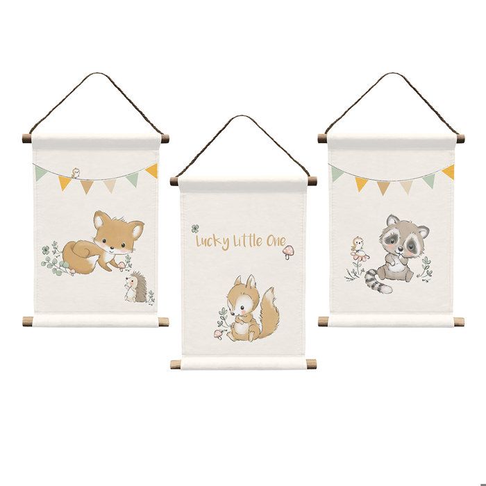 Set de 3 tableaux muraux Animaux de la forêt 20x30 cm 100 % coton décoration chambre bébé