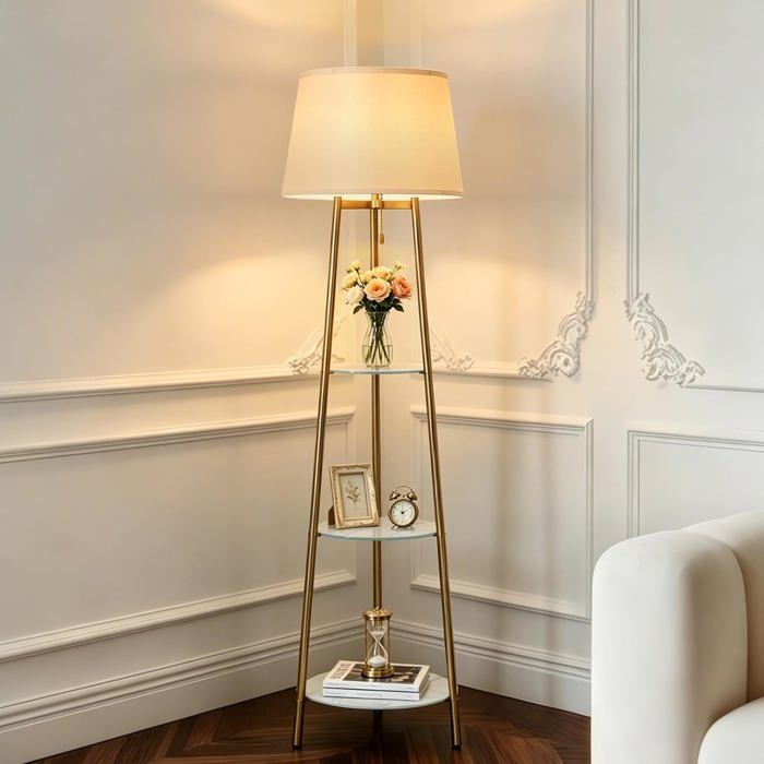 Lampe Sur Pied De Salon Avec Étagères Abat-Jour En Lin Led Incluse[IN153]