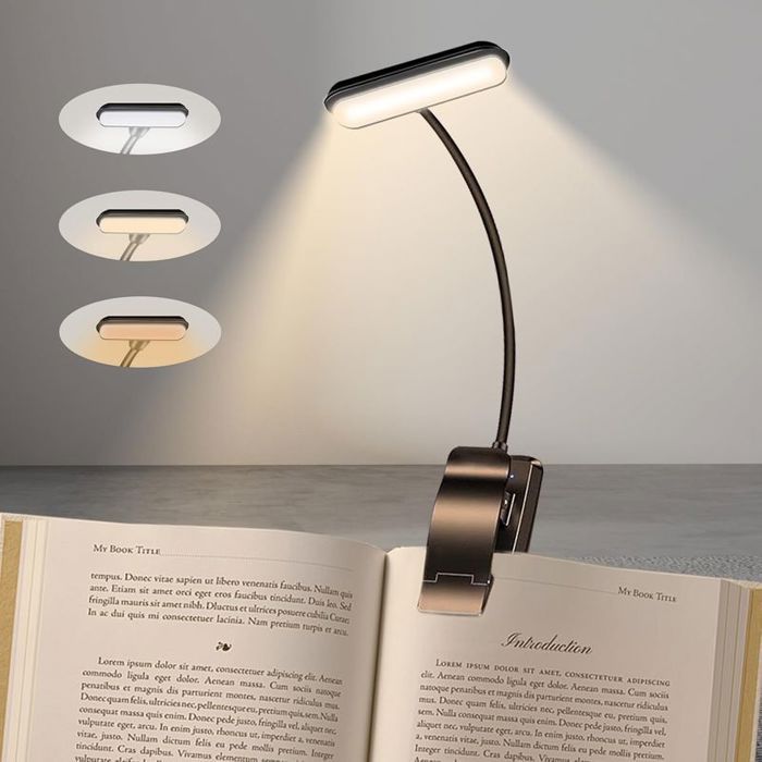Lampe de Lecture 2 LED Liseuse Clip Rechargeable 360° Cou FlexibleGradation en Continu & 3 Couleurs (Ambre/Blanc/Mixte) Longue