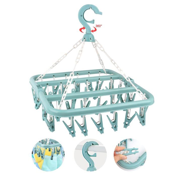 Étendoir à chaussettes rotatif 360° avec crochet coupe-vent 32 pinces plastique PP pliable intérieur extérieur sous-vêtements