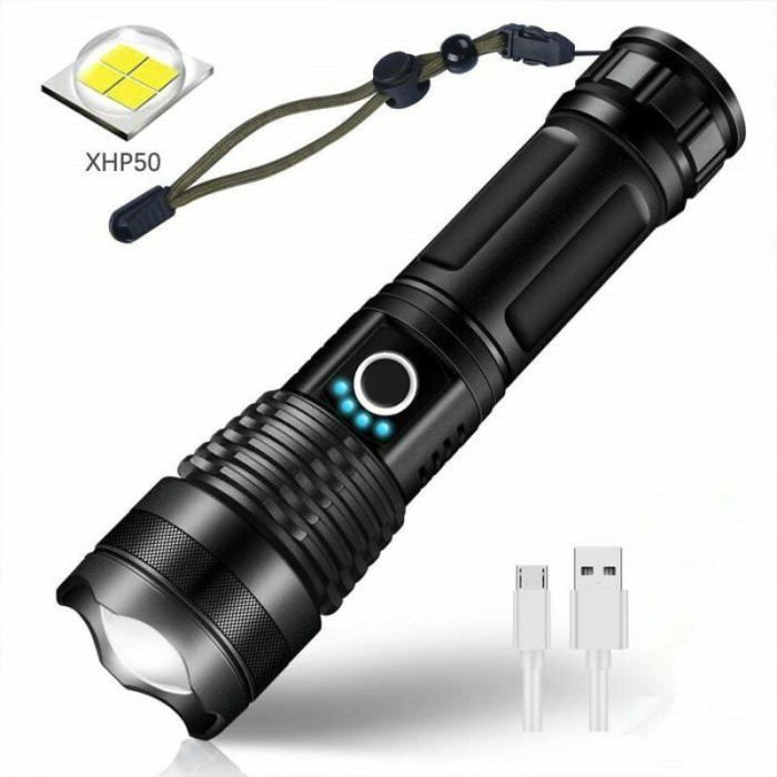Lampe Torche LED USB Rechargeable Ultra Puissante 3000 Lumens CREE XHP50 5 Modes Zoomable IP65 Étanche