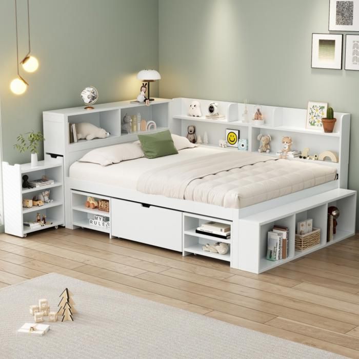 Lit double 140x190cm Lit enfant adolescent adulte avec table de chevet caché étagères de rangement tiroir sommier à latte blanc