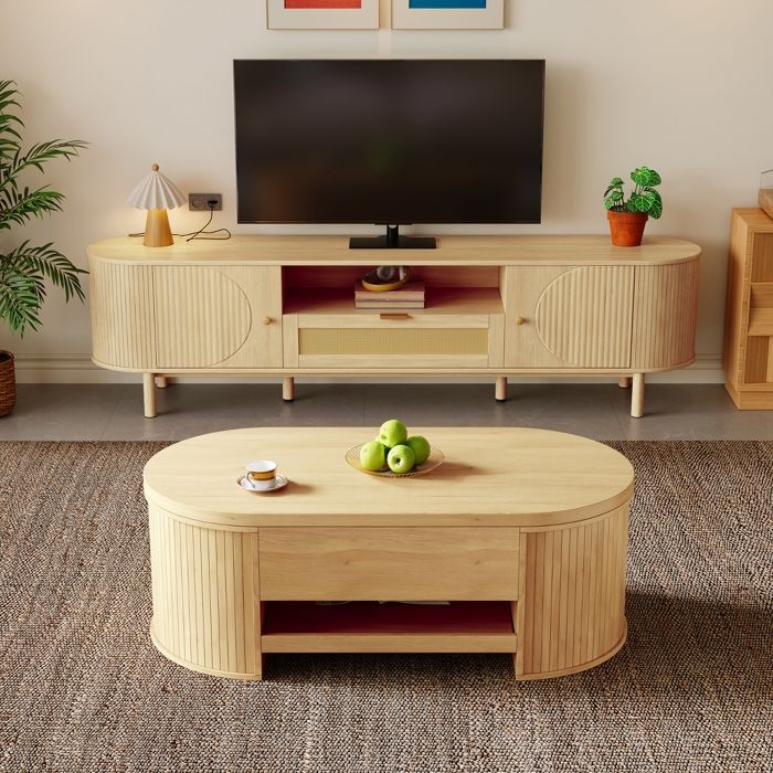 Ensemble meuble salon complet table basse relevable pratique et meuble tv 175 cm avec rangements pour séjour moderne couleur bois